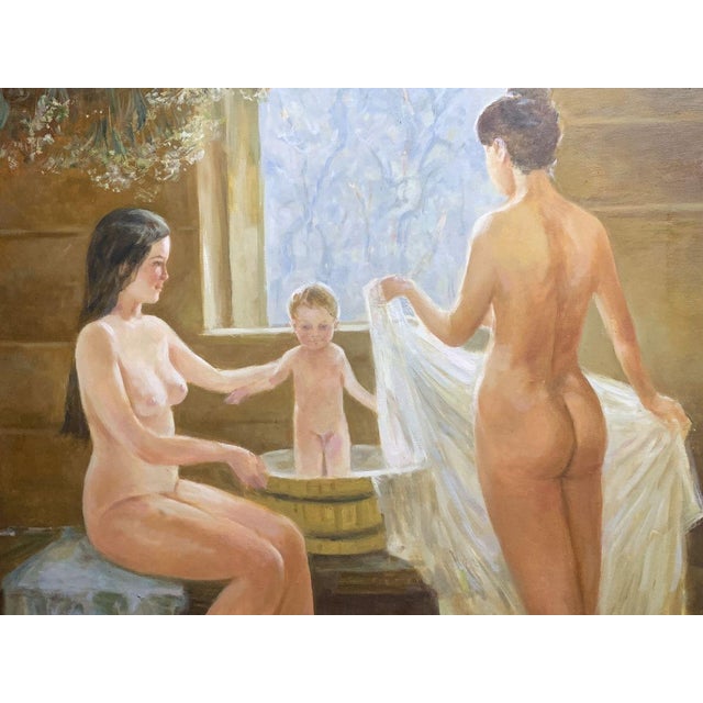 Beige Oil Painting in the Bath Viktor Mikhailichenko For Sale - Image 8 of 11