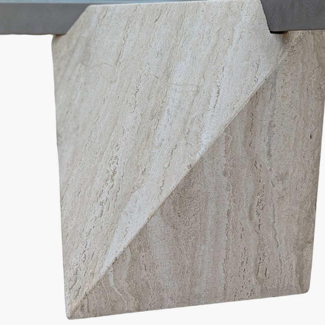 1980s Postmodern Glass Coffee Table With Travertine Base For Sale - Image 15 of 18