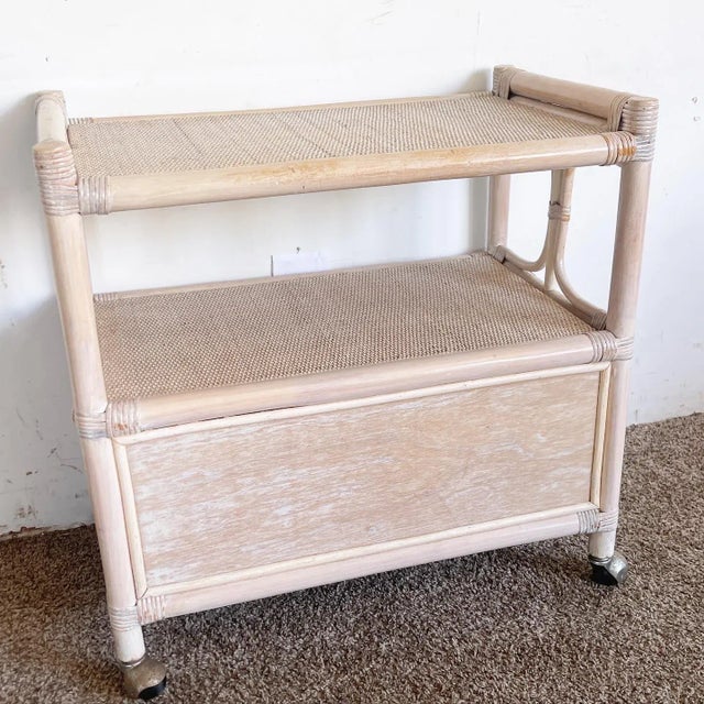 Tan Boho Chic White Washed Bamboo Rattan and Wicker Bar Cart For Sale - Image 8 of 8