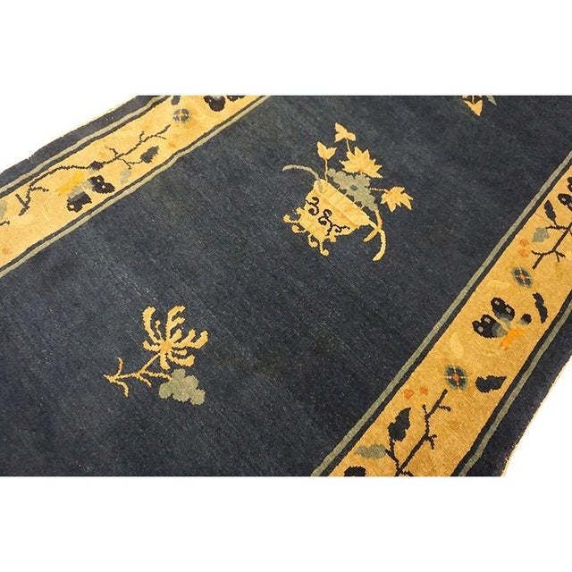 Textile 1920s Navy Blue Open Field Medallion Antique Chinese Peking Knotted Small Rug For Sale - Image 7 of 7