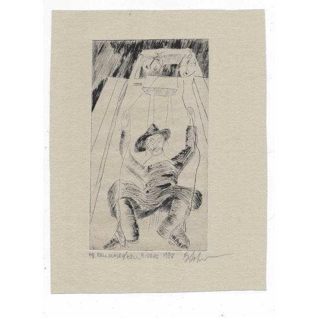 1988 etching of a church bell ringer, titled and illegibly pencil signed.