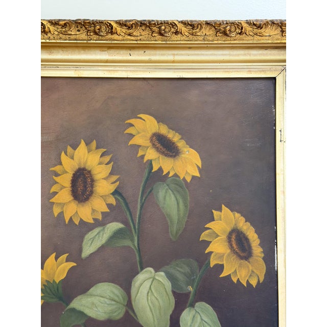 Paint Antique Victorian Sunflower Oil Painting, 19th Century Floral Still Life in Gilt Frame For Sale - Image 7 of 8