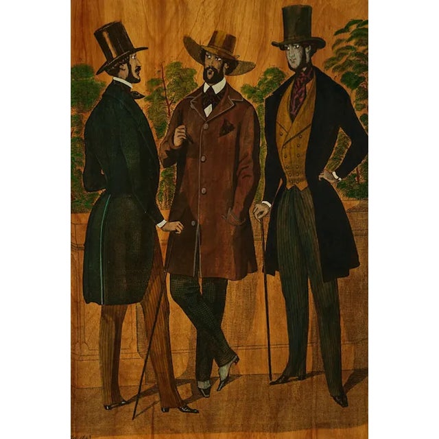 Elegant colour menswear advert c1843 image on board depicting three Parisien boulevardiers for a gentleman's c1950s...