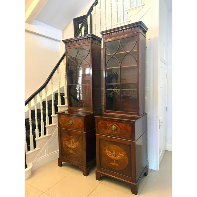 Hollywood Regency Antique Regency Mahogany Inlaid Astragal Glazed Library Bookcases, 1820, Set of 2 For Sale - Image 3 of 17