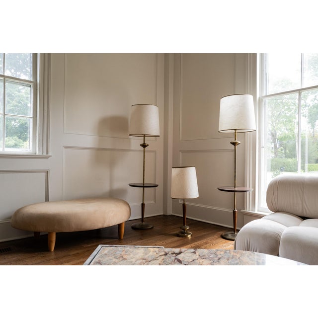 Mid-Century Brass and Wood Table Lamp With Drum Shade For Sale - Image 4 of 4
