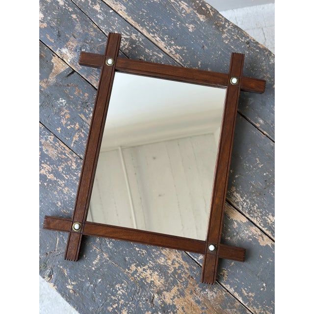 Early 20th Century Antique Walnut Cross-Hatch Framed Mirror With Porcelain + Brass Cabochon Details, Circa Early 20th Century For Sale - Image 5 of 13