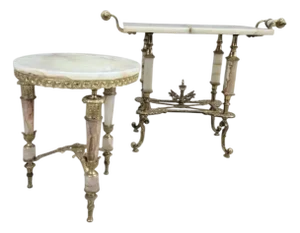 Antique Oscar Bach Ornate Bronze and Onyx Table Set - Set of 2