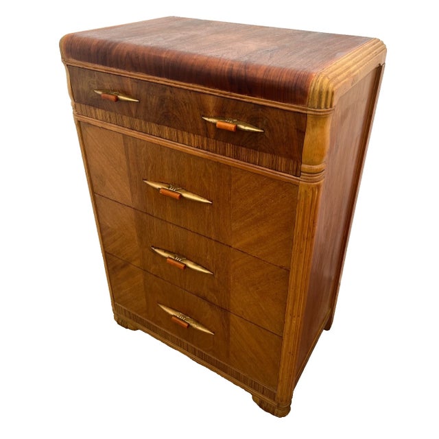 Art Deco 1920s Art Deco Dresser Chest Four Drawers Bakelite Brass Pulls Waterfall Top For Sale - Image 3 of 10