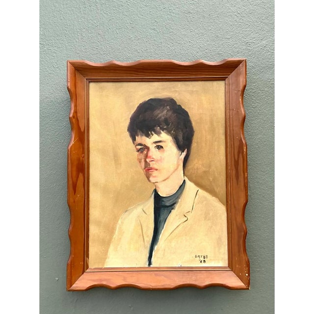 Cream Vintage 1968 Signed Portrait Painting For Sale - Image 8 of 12
