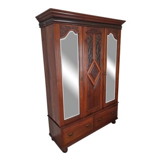 19th Century Walnut Wardrobe, Glass Inset Carved Walnut Vines Fretwork With Bevel Mirror Doors, Knocks Down for Easy Shipping and Installation For Sale