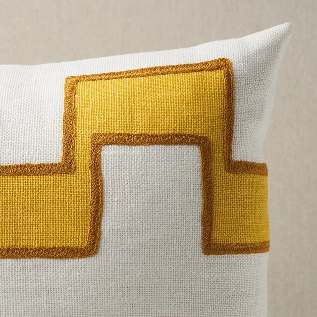 This pillow features Dixon Embroidered Print Linen with a knife edge finish. A series of stepped lines is handprinted with...