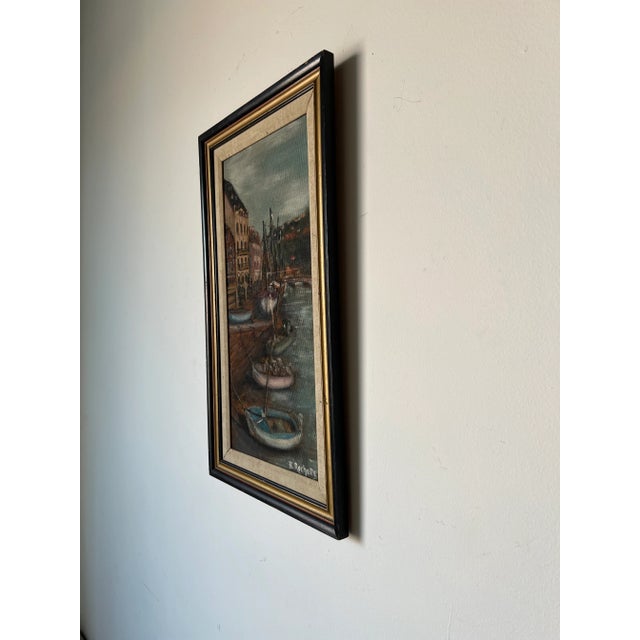 70's F. Rochelle Italian Village Corridor Harbor With Docked Boats Impressionist Oil Painting For Sale - Image 4 of 13