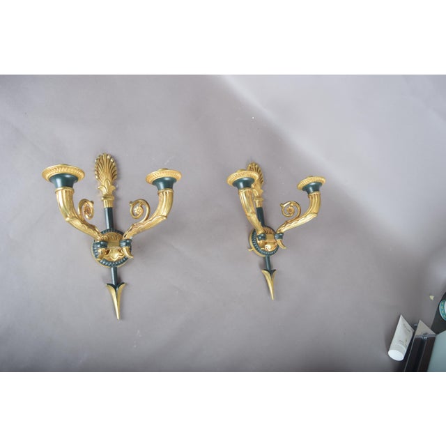 Gilt Bronze Double-Arm Wall Sconces with Frosted Glass Shades, 1950s, Set of 2 For Sale - Image 12 of 18