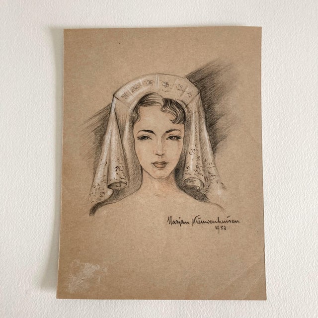 1952 Original Realist Portrait Mixed-Media Portrait Drawing of a Woman Wearing a Veil For Sale - Image 9 of 9