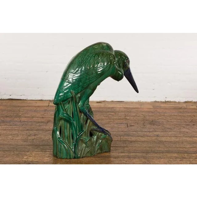 Green Vintage Lifesize Chinese Green & Blue Glazed Ceramic Heron Bird Sculpture For Sale - Image 8 of 13