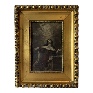 Antique Portrait Oil on Copper of Saint Teresa of Ávila, 17th/18th Century, Antique Giltwood Frame — Sourced in France For Sale