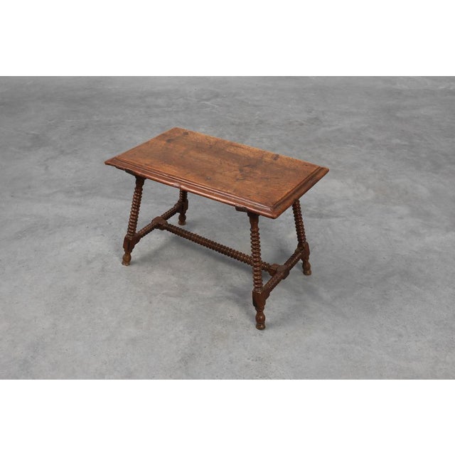 Baroque Antique 17th Century Oak Side Table with Turned Legs and Stretcher Base, Spain For Sale - Image 3 of 14