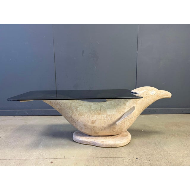 Vintage tessellated stone coffee table shaped like a dolphin with a rectangular smoked glass top. Beautiful 'chic' look...