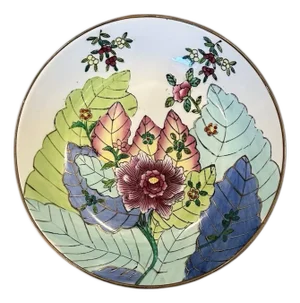 Vintage Chinoiserie Tobacco Leaf Porcelain Ware Bowl / Plate / Vide Poche / Catchall Encased in Brass