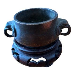 Chinese Patinated Bronze Censer With Elephant Handles & Wood Stand For Sale