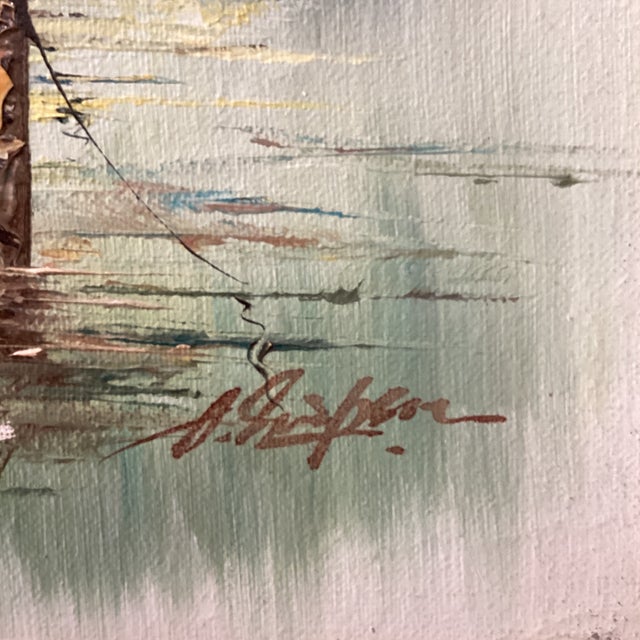Original Mid 20th Century Painting on Canvas Fishing Harbor Scene Signed Framed For Sale - Image 11 of 12
