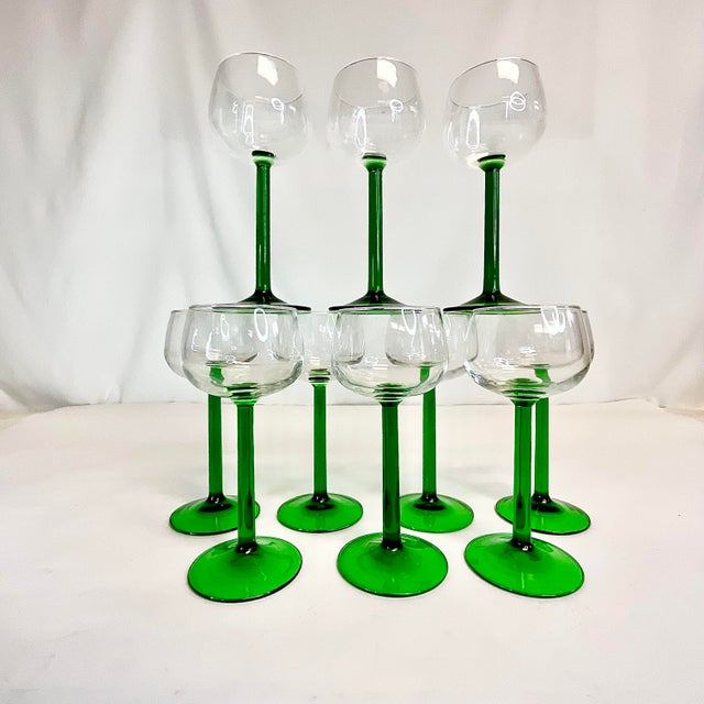 Mid 20th Century Mid 20th Century French Hollywood Regency Bottle Green Stem Wine Glasses - Set of 10. For Sale - Image 5 of 9