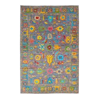 Modern Oushak Style Gray Wool Rug Features Allover Floral Pattern For Sale