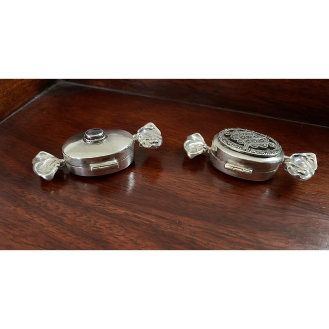 Traditional Vintage Sterling Silver Candy Shaped Trinket Boxes -One With Marcasite and One With an Amethyst For Sale - Image 3 of 8