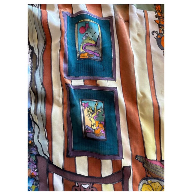 Red Mid Century European Water Colors Silk Painting Matisse Style Signed Multicolors For Sale - Image 8 of 10