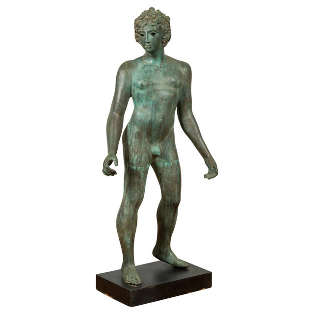 Mid 20th Century Greco Roman Style Verde Bronze Nude Male Statue For Sale - Image 13 of 13