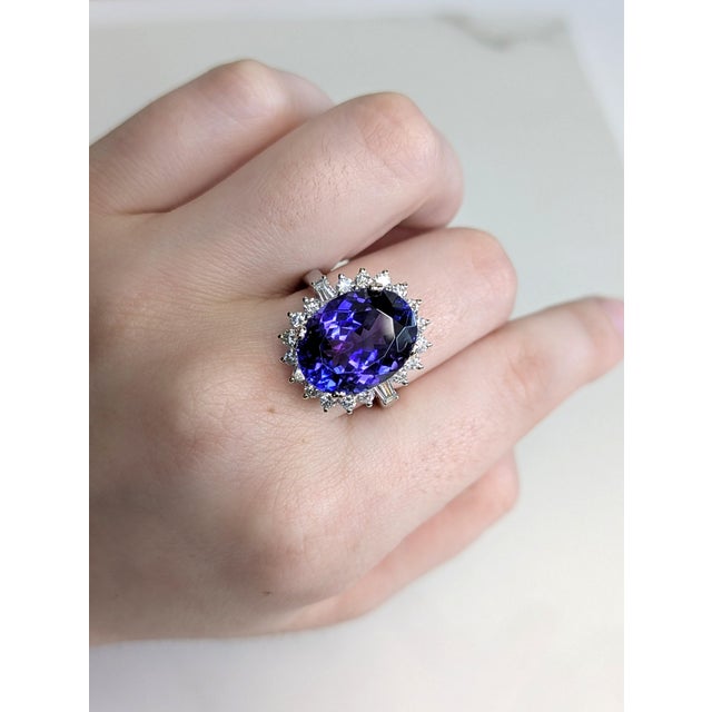 Art Deco Statement 13x10mm, 9cts Tanzanite Ring W Natural Diamond Halo in Solid 14k Gold, Size 6.75 For Sale - Image 3 of 8