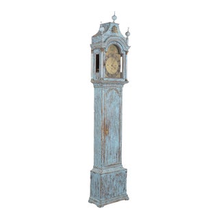 Early 19th Century Swedish Blue Painted Pine Grandfather Clock For Sale
