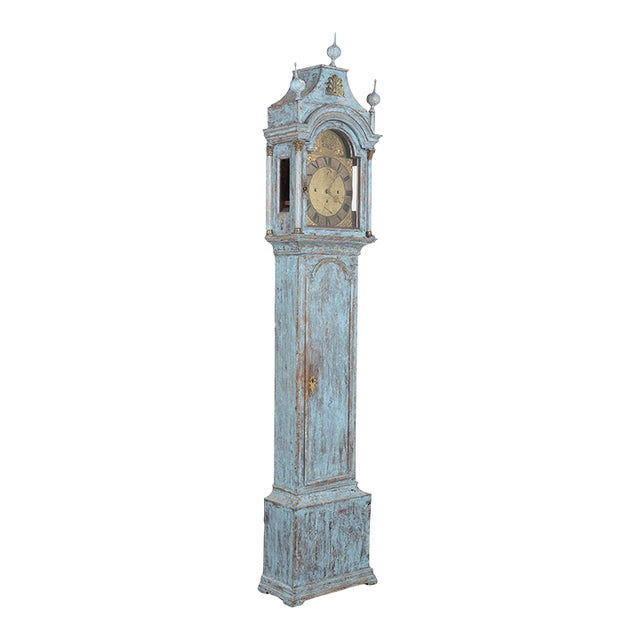 Early 19th Century Swedish Blue Painted Pine Grandfather Clock For Sale