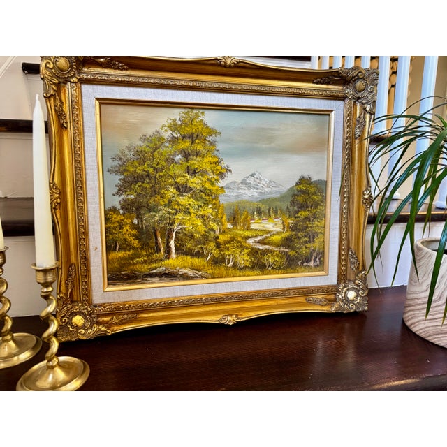 Mid Century Framed Landscape Oil Painting Signed S Mold With Carved Gilt Wood Frame For Sale - Image 4 of 8