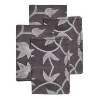 Folio Floral Artisanal Black Cotton Table Napkins- Set of 4 For Sale