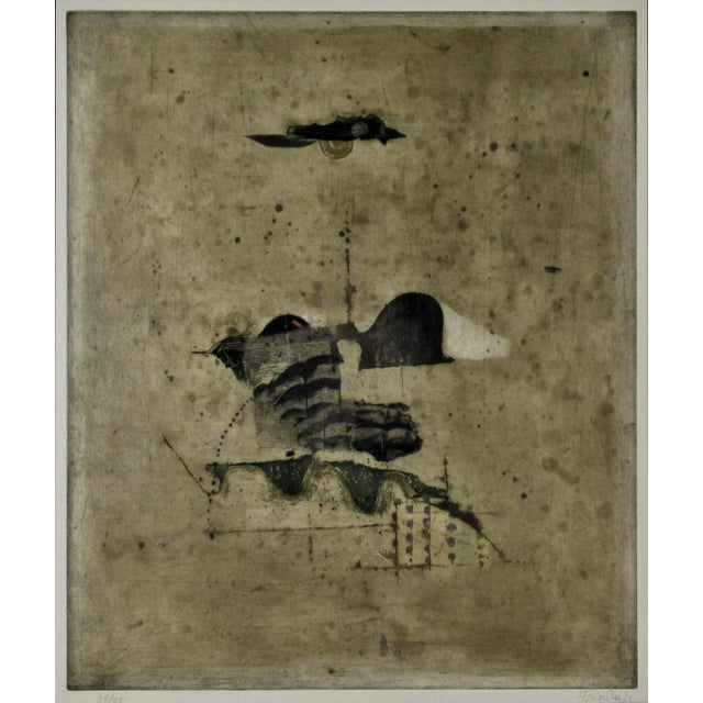 This artwork "Abstract Composition III" c.1970 in an original color etching and aquatint on Wove paper by noted Polish...