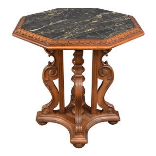 Italian Gueridon Carved Scrolling Legs Hexagonal Walnut Base Italian "Nero Portoro" Marble Top Table For Sale