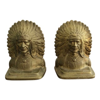Mid 20th Century Cast Iron Indian Chief Bookends - Set of 2 For Sale