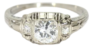 18k White Gold Ring With Round Center Diamond, Filigree & Accent Diamonds, Size 4.5