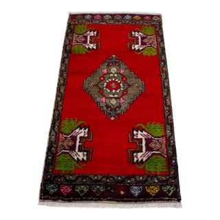 Vintage Turkish Small Rug 2x3 Hand-Knotted Red Organic Wool Mat Door Mat Entry Decor For Sale