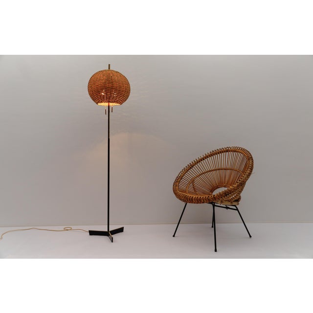 Mid-Century Modern Tripod Brass and Rattan Floor Lamp, Austria, 1950s For Sale - Image 6 of 16