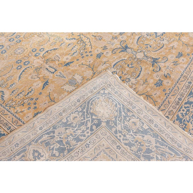 Indian Authentic 19th Century Indian Yellow Beige Botanic Handmade Wool Rug For Sale - Image 3 of 9