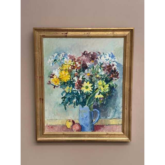 Original Swedish Oil on Canvas – “Still Life with Flowers in Vase” by Jan Sonne 1980 – Vintage & Framed – 54 × 65 cm...