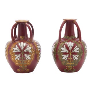 Mid 20th Century Hand-Painted / Decorated Pair Decorative Vases For Sale