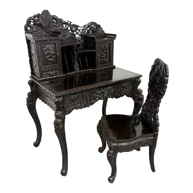 Vintage Japanese Hand Carved Dragon Carved Writing Desk + Chair, Set of Two For Sale