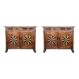 Late 19th Century Pair of Spanish Carved Walnut Tuscan Two Drawers Credenza or Buffet with Marquetry For Sale