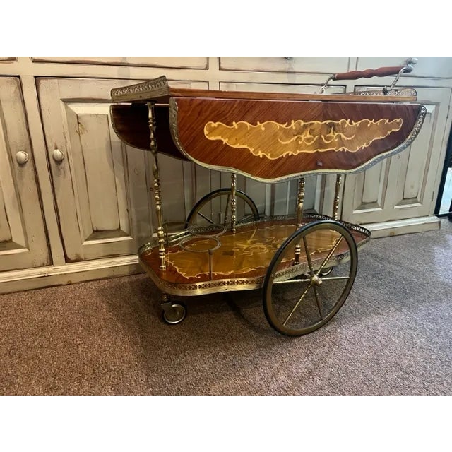 Mid 20th Century Italian Floral Marquetry and Brass Service Bar Cart Trolley For Sale - Image 4 of 10