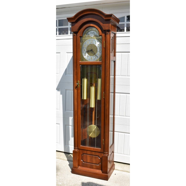 Vintage Daneker Grandfather Clock Cherry Moon Phase Chime Beveled Glass For Sale - Image 4 of 18