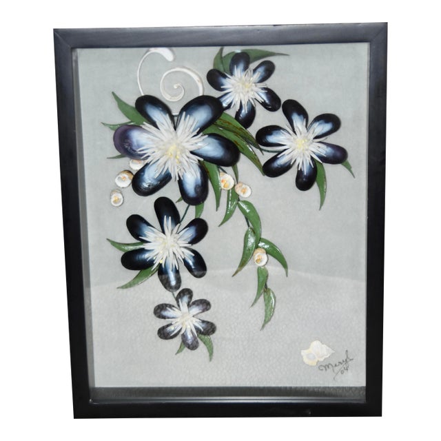 Shadow Box With Flower Sea Shell Art by Meryl Mote, Signed For Sale
