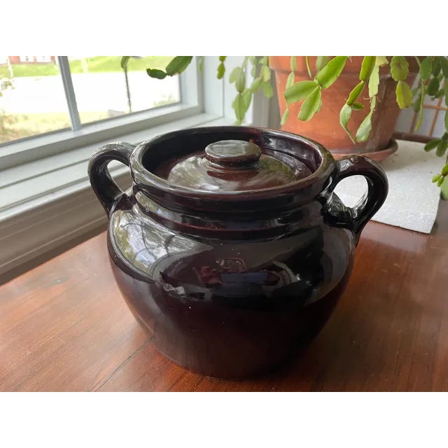 Antique Dark Brown Glazed Stoneware Baked Bean Pot Crock With Lid For Sale - Image 9 of 10